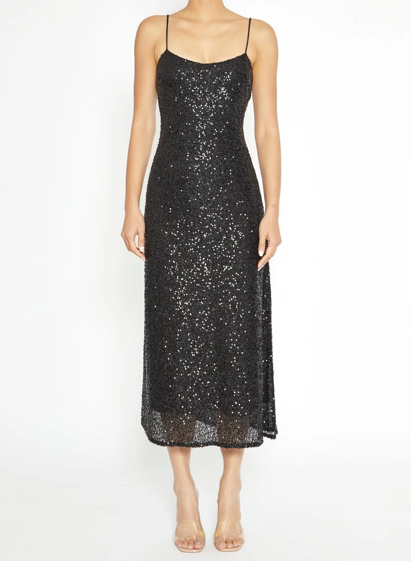 True Decadence Iris Black Sequin Midi Slip Dress