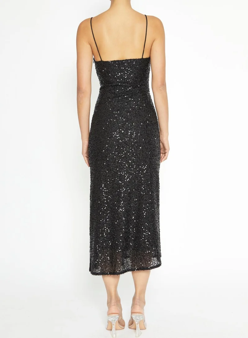 True Decadence Iris Black Sequin Midi Slip Dress