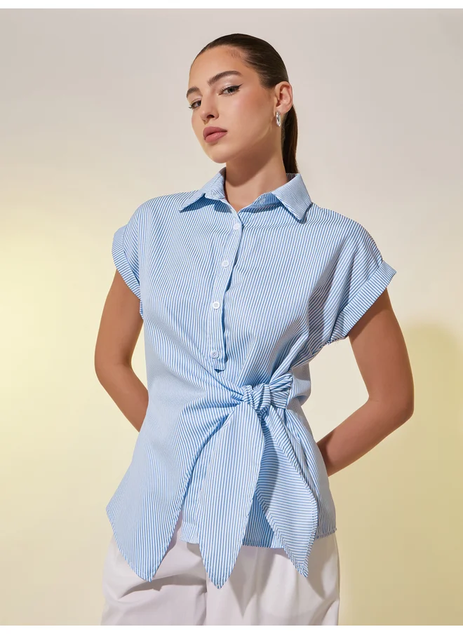 تايك تو Take Two Striped Collared Short Sleeve Wrap Top