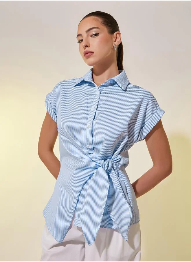 تايك تو Take Two Striped Collared Short Sleeve Wrap Top