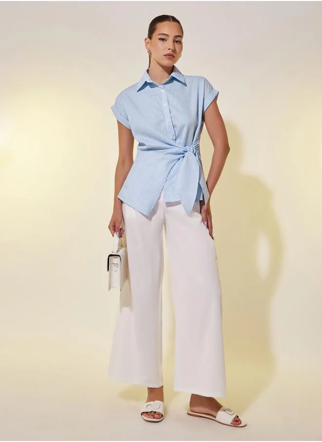 تايك تو Take Two Striped Collared Short Sleeve Wrap Top