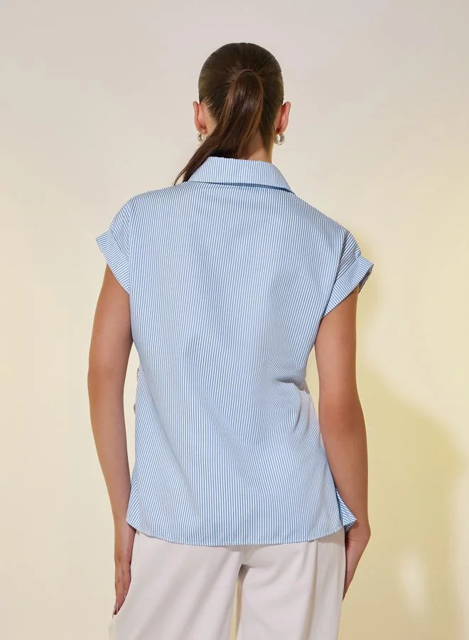 Take Two Take Two Striped Collared Short Sleeve Wrap Top