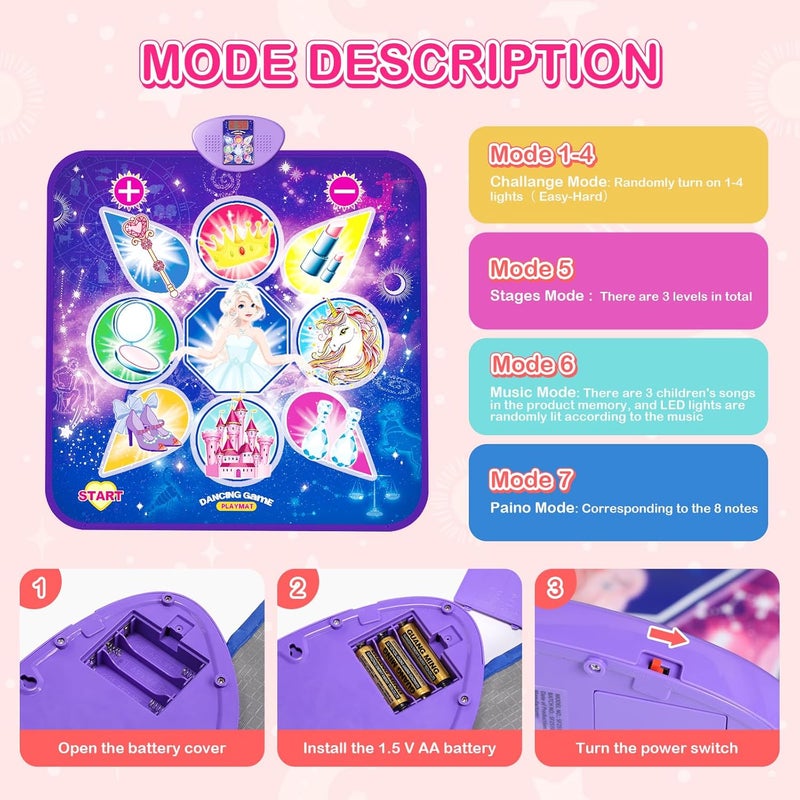 Skirfy Dance Mat, Unicorns Toys for Girls Electronic Dance Pad with 7 Games Mode, Kids Games with Touch Sensitive LED Lights, Birthday Party Games for Toddler Girls for 3-12 - Image 4