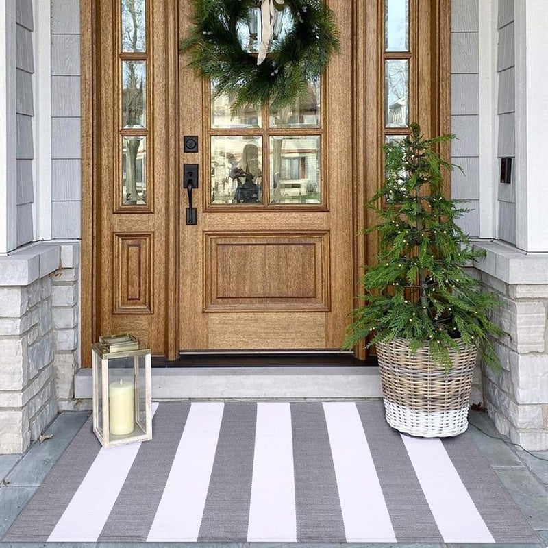KOZYFLY Striped Outdoor Rug 27.5x43 Inches Front Door Rug Gray and White Hand Woven Cotton Washable Outdoor Doormats Outdoor Entrance Mat for Front Door Kitchen Entryway Patio Front Porch Decor - Image 1