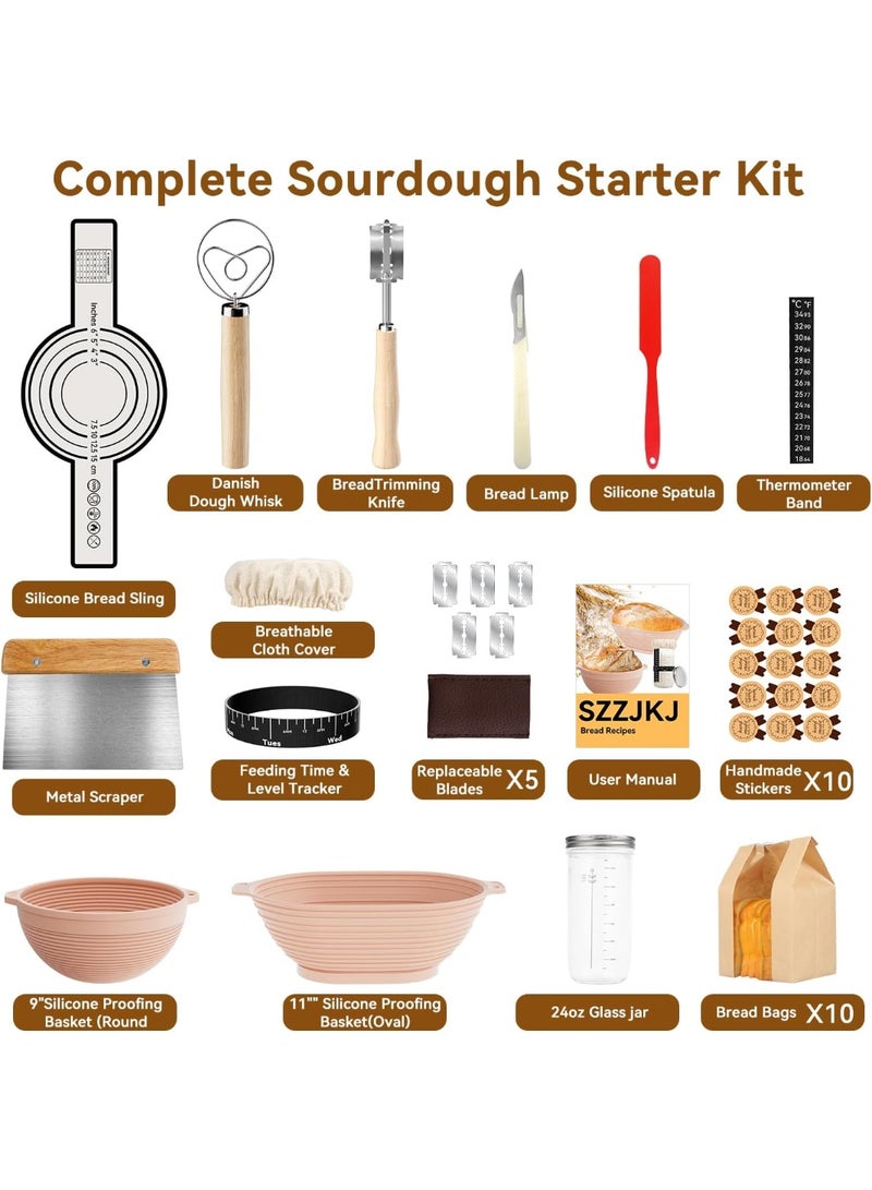كيلا مجموعة أدوات تحضير العجين المخمر، ٢٤ قطعة من لوازم خبز العجين المخمر، مجموعة سلال تخمير العجين المصنوعة من السيليكون (قطعتان)، مجموعة أدوات تحضير العجين المخمر للمبتدئين مع ١٠ أكياس خبز لمحبي الخبز - Image 3