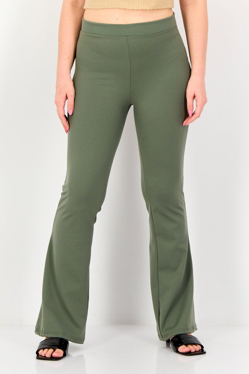 trendyol Women Regular Fit Ribbed Wide Leg Pants, Olive - Image 1