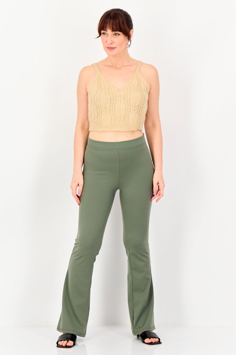 trendyol Women Regular Fit Ribbed Wide Leg Pants, Olive - Image 2