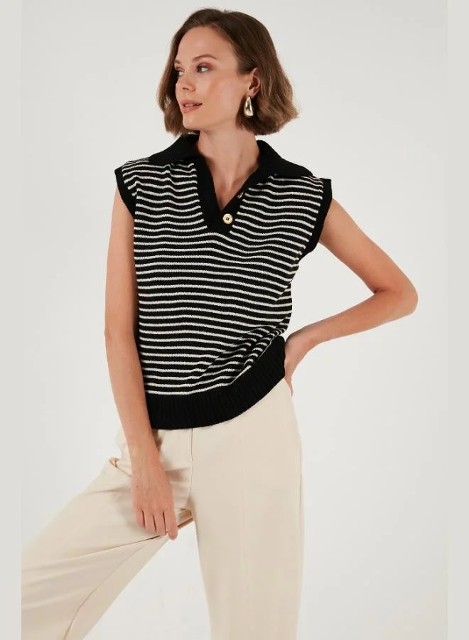 ليلا ليلى سترة محبوكة بياقة على شكل حرف  مخططة للنساء