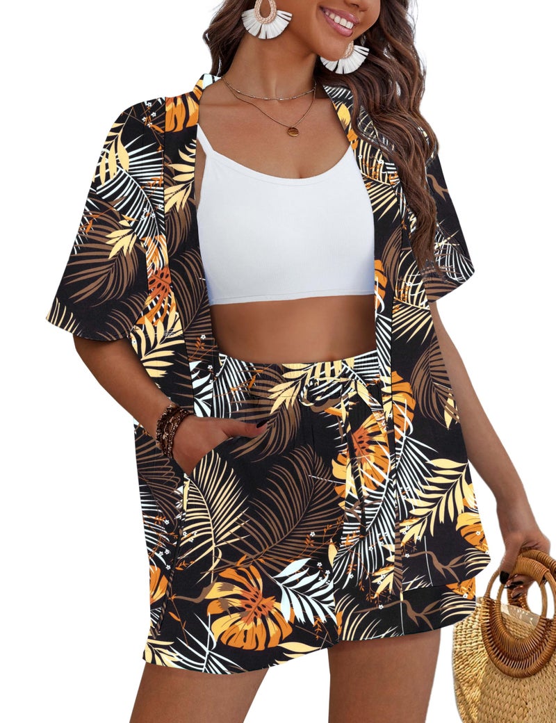REDHOTYPE Women's Vacation Outfits Cover Ups Tropical Print Shorts Set Kimono Style Summer Beachwear Yellow Tropical,Large - Image 1
