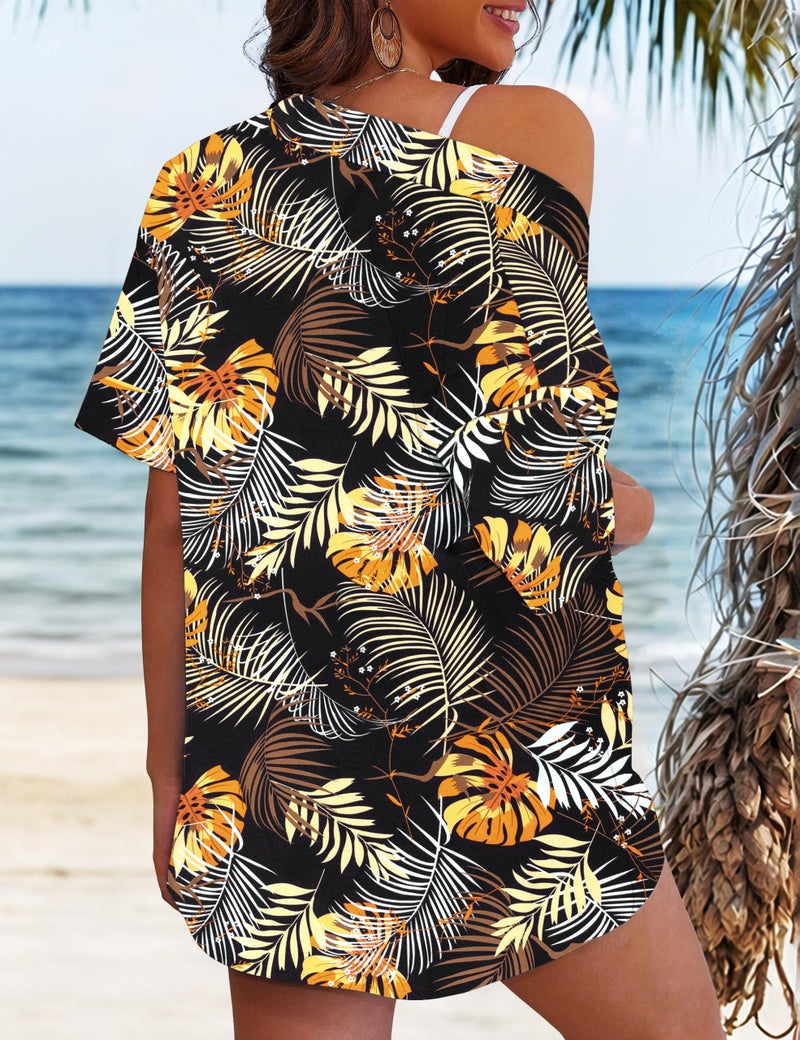 REDHOTYPE Women's Vacation Outfits Cover Ups Tropical Print Shorts Set Kimono Style Summer Beachwear Yellow Tropical,Large - Image 4