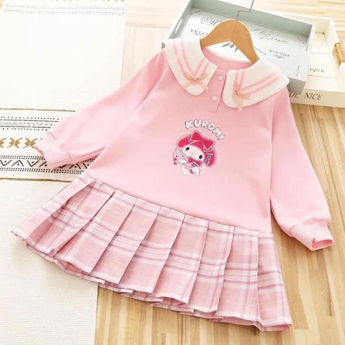 Girls Autumn Cartoon Sweet Fake Two-piece dress Spring and Autumn Large Childrens Cartoon Long-sleeved Doll Collar Princess Dress W369#Pink 