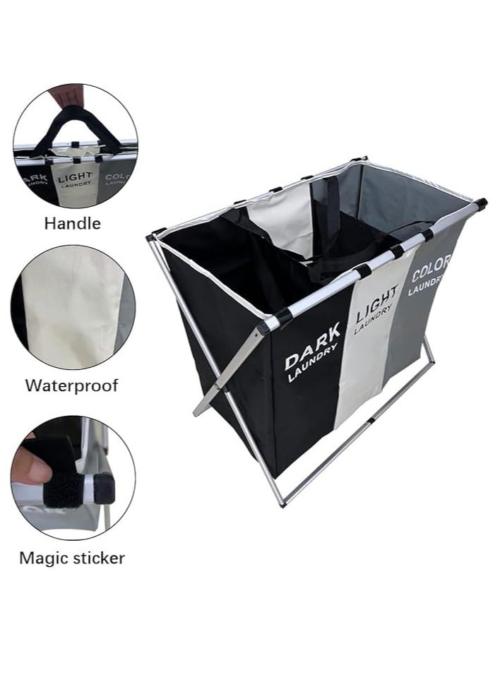 UREVO Large Fabric Washing Storage Baskets for Bathroom, Bedroom, and Home 135L, Foldable 3-Section Laundry Hamper Portable Dirty Clothes Bag Sorter with Handle - Image 3