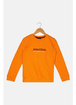 Nautica Competition Kids Boy Crew Neck Long Sleeve Brand Logo Sweatshirt, Orange  - Image 1