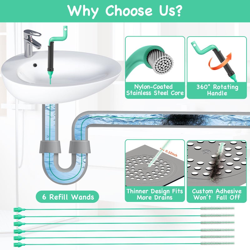 DrSnake Drain Clog Remover Tool â€“ 30â€Anti-break Steel Sink Snake Hair Drain Cleaner Tool, Plumbing Snake with Rotating Handle & 6 Refills, Drain Hair Remover for Shower, Toilet, Kitchen Sink, Bathtub. 6-Pack - Image 4