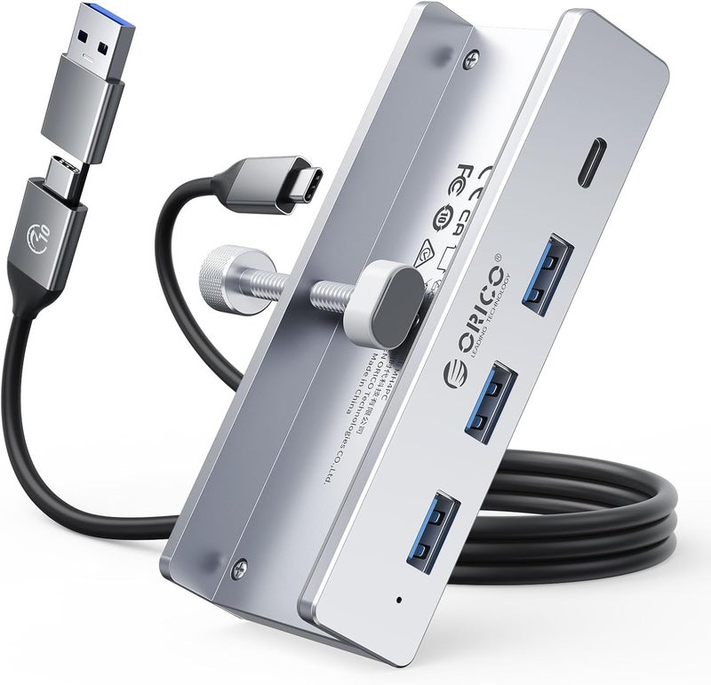 ORICO USB Hub 3.0, Clamp USB Hub with Extra Power Port, Aluminum 4-Port USB Adapter with 3 USB-A Data Ports, USB-C Port for Monitors, Desks (Silver) - Image 1