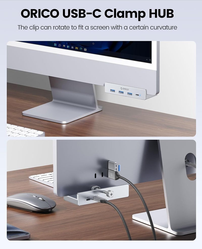 ORICO USB Hub 3.0, Clamp USB Hub with Extra Power Port, Aluminum 4-Port USB Adapter with 3 USB-A Data Ports, USB-C Port for Monitors, Desks (Silver) - Image 3