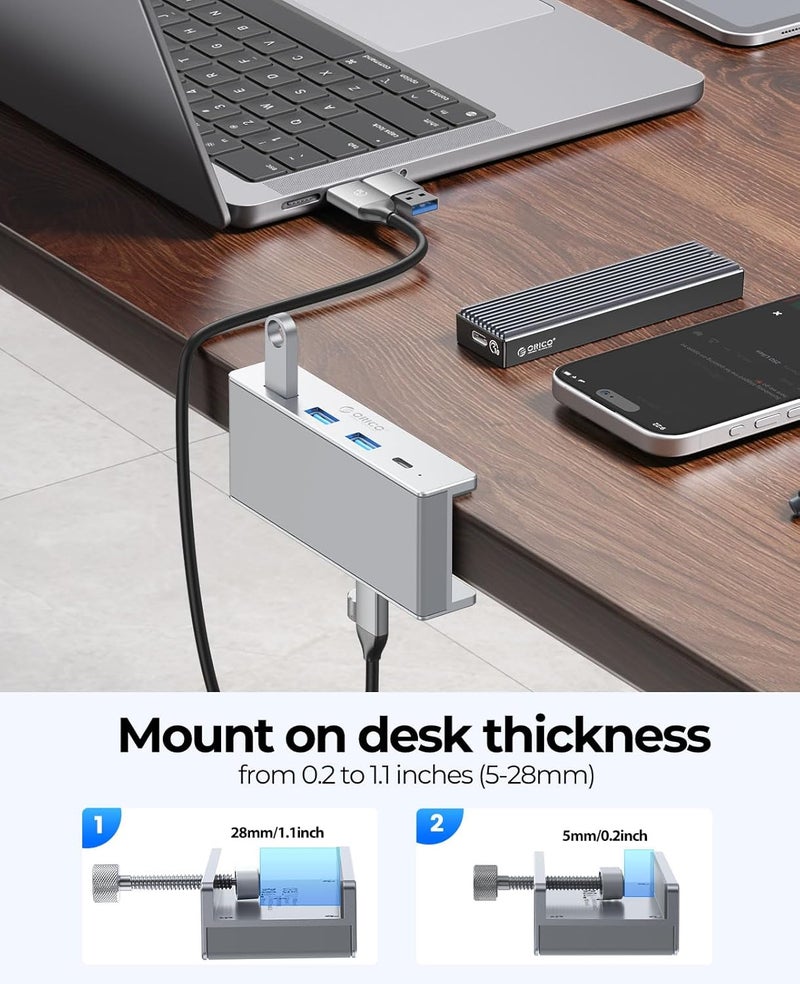 ORICO USB Hub 3.0, Clamp USB Hub with Extra Power Port, Aluminum 4-Port USB Adapter with 3 USB-A Data Ports, USB-C Port for Monitors, Desks (Silver) - Image 5