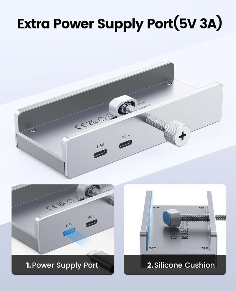 ORICO USB Hub 3.0, Clamp USB Hub with Extra Power Port, Aluminum 4-Port USB Adapter with 3 USB-A Data Ports, USB-C Port for Monitors, Desks (Silver) - Image 4
