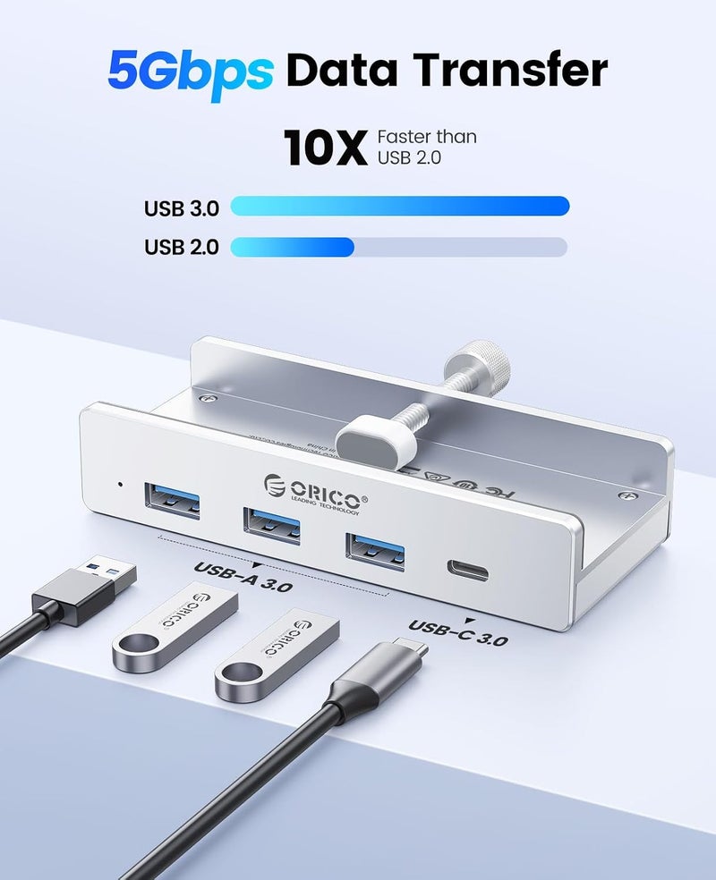 ORICO USB Hub 3.0, Clamp USB Hub with Extra Power Port, Aluminum 4-Port USB Adapter with 3 USB-A Data Ports, USB-C Port for Monitors, Desks (Silver) - Image 2