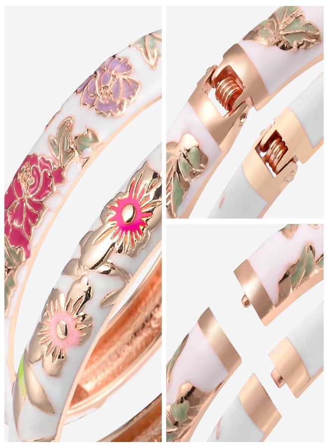 UJOY Bracelets Colorful Enameled Flower Cloisonne Jewelry Cuff Hinged Handcrafted Bangle Sets Packed in Gift Box 55A103-55A113 White - Image 5