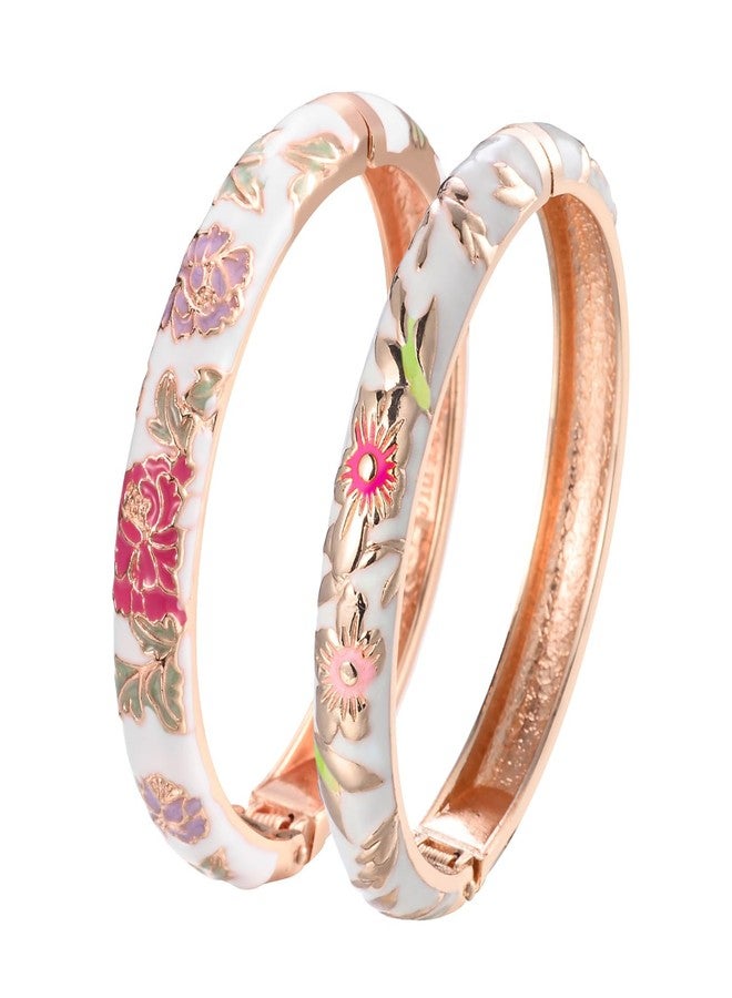 UJOY Bracelets Colorful Enameled Flower Cloisonne Jewelry Cuff Hinged Handcrafted Bangle Sets Packed in Gift Box 55A103-55A113 White - Image 1