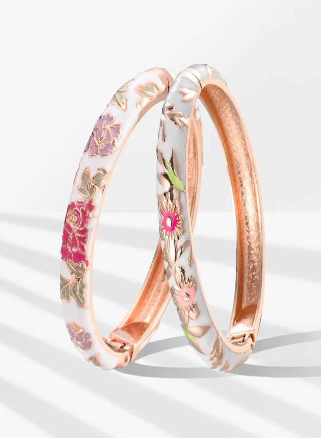 UJOY Bracelets Colorful Enameled Flower Cloisonne Jewelry Cuff Hinged Handcrafted Bangle Sets Packed in Gift Box 55A103-55A113 White - Image 2