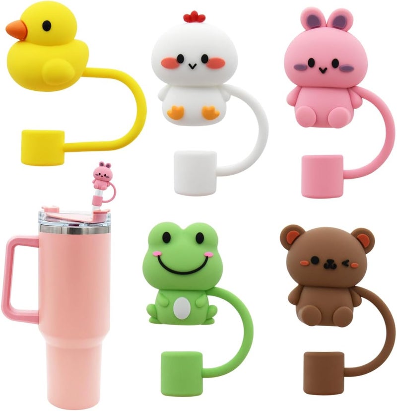 Meitesti Silicone Cover Cap for Stanley Cup, Compatible with 30&40 Oz Tumbler With Handle, 10mm 0.4in Dust-Proof Reusable Straw Tips Lids (5Pcs Animal Shape) - Image 1