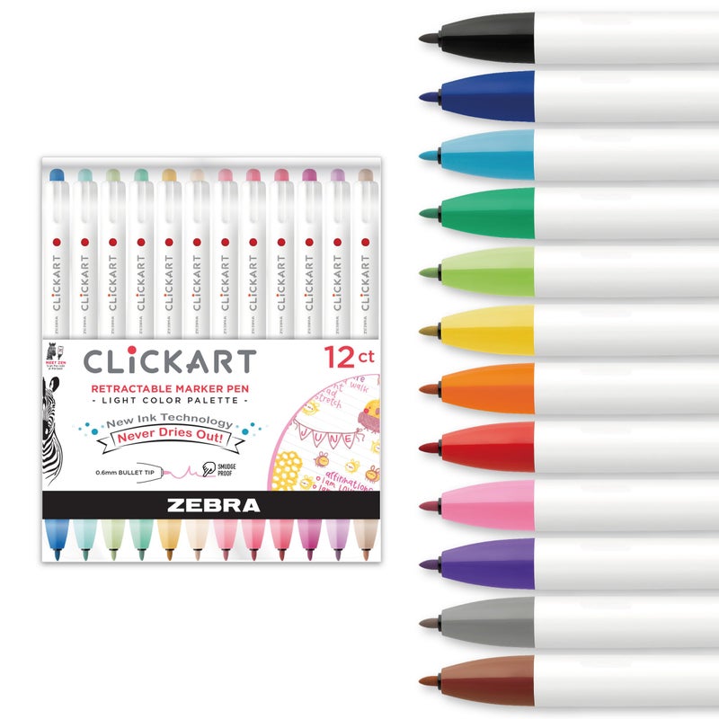 Zebra Pen CLiCKART Retractable Felt Tip Pen, Assorted Light Ink Colors, 0.6mm Fine Point, Moisture Absorbing to Prevent Drying Out, No Bleed, Ideal for Journaling, Drawing and Writing, 12-Pack (69712) - Image 1