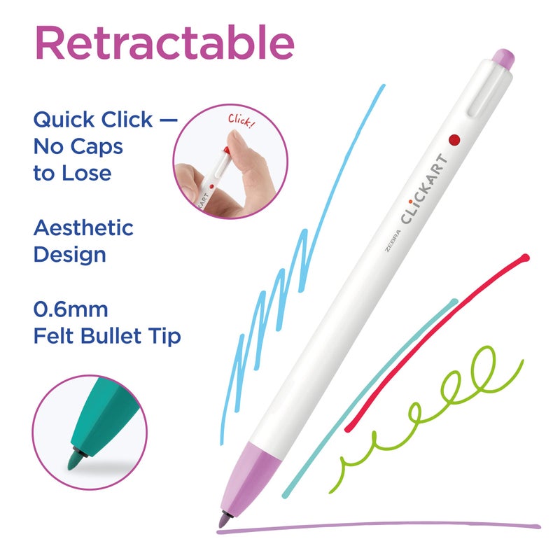 Zebra Pen CLiCKART Retractable Felt Tip Pen, Assorted Light Ink Colors, 0.6mm Fine Point, Moisture Absorbing to Prevent Drying Out, No Bleed, Ideal for Journaling, Drawing and Writing, 12-Pack (69712) - Image 2