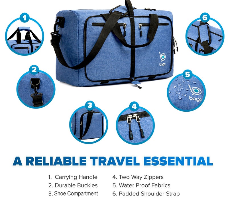 Bago Foldable Duffel Bags for Traveling Women & Men - 40L Sports Packable Duffle Bag for Travel with Shoe Compartment - Water Repellant, Heavy Duty, Lightweight Folding & Collapsible (SnowDepBlue) - Image 4