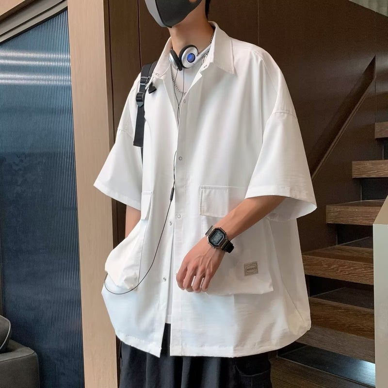 Workwear Shirt Mens Summer 2023 New Arrival Loose Casual Short-sleeved Shirt American Style Retro Trendy Brand Pluck Handsome Jacket White - Image 3