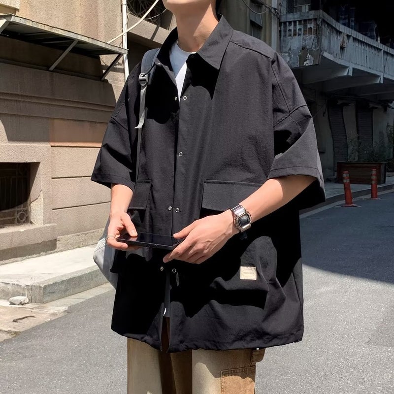 Workwear Shirt Mens Summer 2023 New Arrival Loose Casual Short-sleeved Shirt American Style Retro Trendy Brand Pluck Handsome Jacket White - Image 5