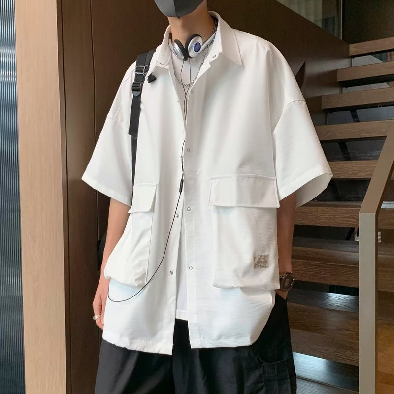 Workwear Shirt Mens Summer 2023 New Arrival Loose Casual Short-sleeved Shirt American Style Retro Trendy Brand Pluck Handsome Jacket White - Image 2