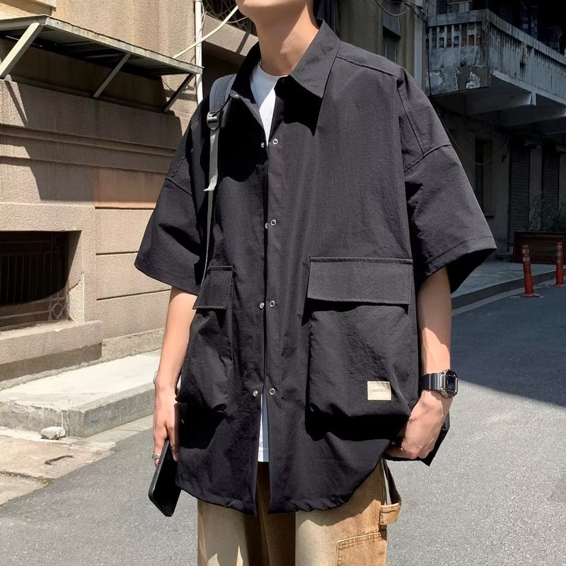 Workwear Shirt Mens Summer 2023 New Arrival Loose Casual Short-sleeved Shirt American Style Retro Trendy Brand Pluck Handsome Jacket White - Image 4
