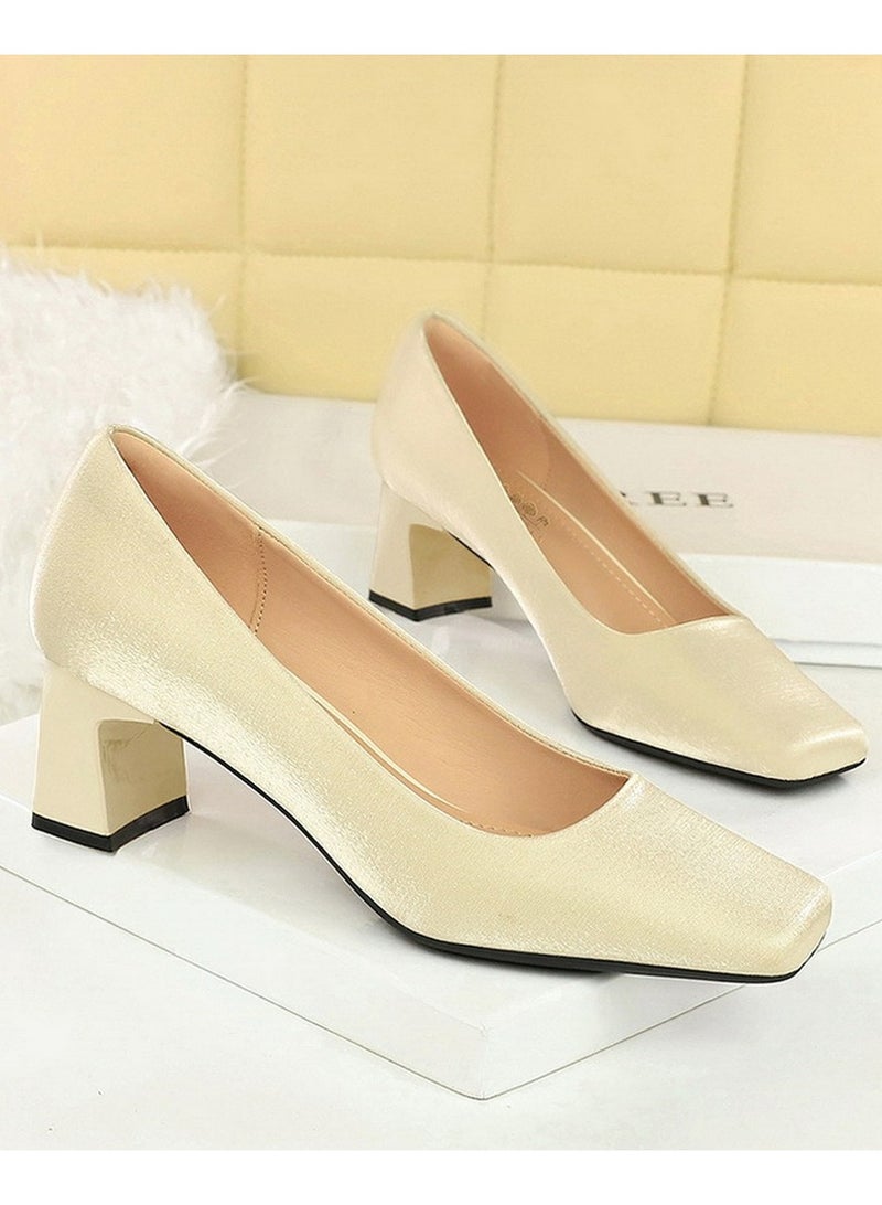 بيج تري المرأة سمينة منتصف الكعب مربع مغلق إصبع القدم الساتين مضخات الشمبانيا 5CM - Image 2