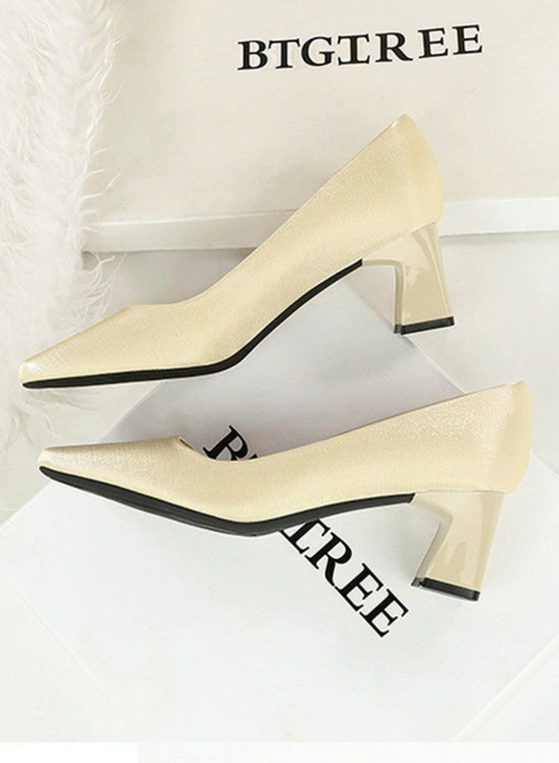 بيج تري المرأة سمينة منتصف الكعب مربع مغلق إصبع القدم الساتين مضخات الشمبانيا 5CM - Image 3