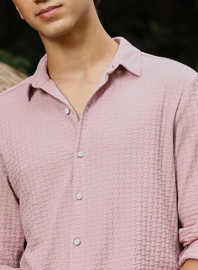 CAHOOT  Men's Rose Pink Basket-Knit Jacquard Shirt for Men | Best Price UAE
