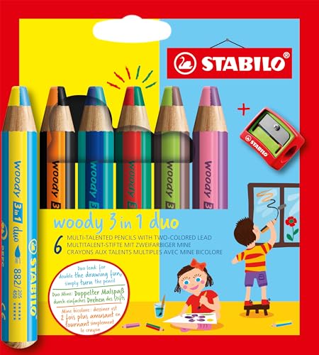 STABILO woody 3in1 duo MultiTalented Pencil Pack of 6 Assorted colors with Sharpener - Image 1