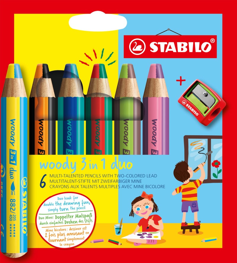 STABILO woody 3in1 duo MultiTalented Pencil Pack of 6 Assorted colors with Sharpener - Image 2