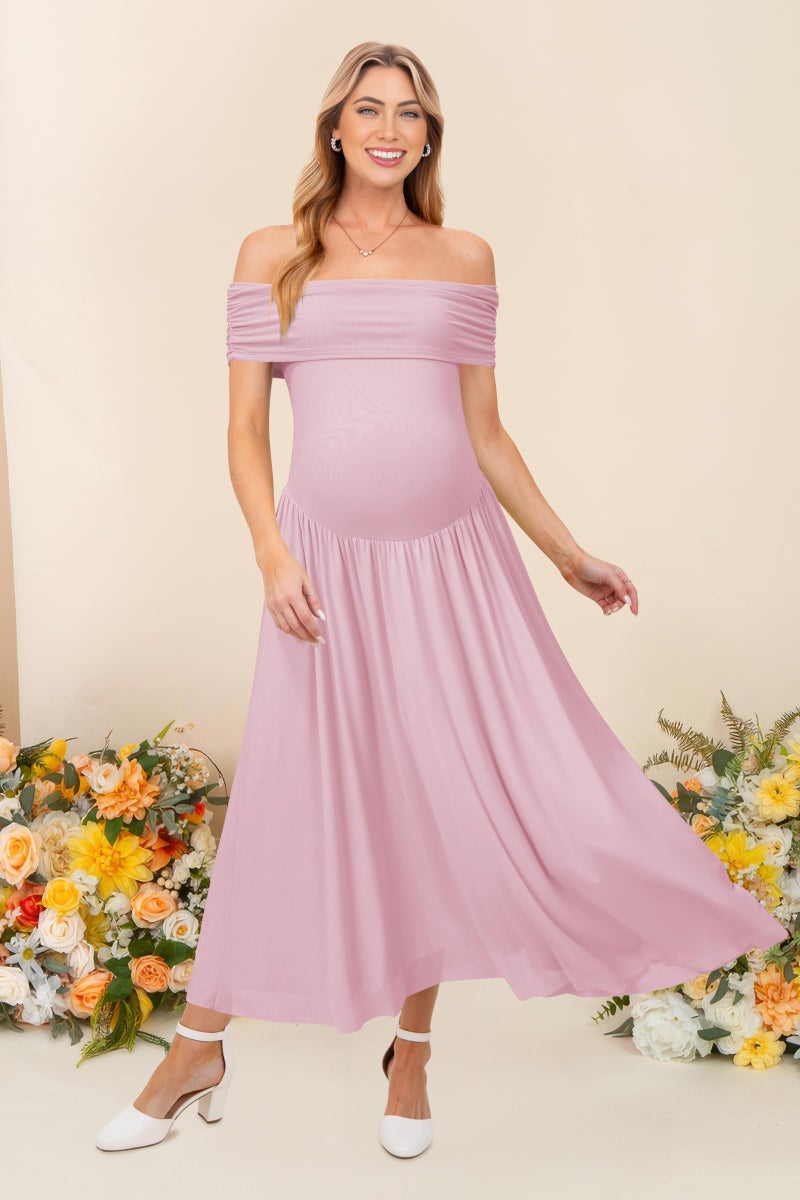 OUGES Women's 2026 Summer Spring Off The Shoulder Mesh Maxi Maternity Baby Shower Dresses for Photoshoot Party Wedding Guest Sleeveless Pleated Formal Long Flowy Pregnancy Must Have Clothes(Pink,M) - Image 4