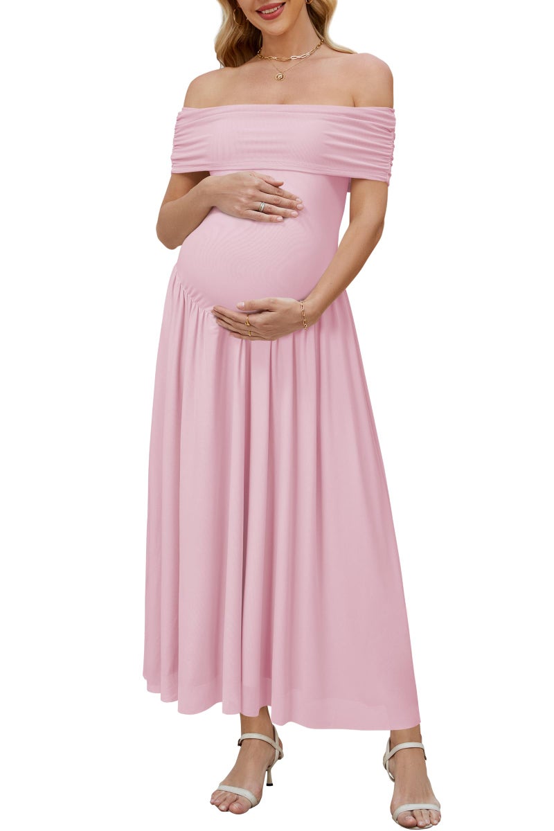 OUGES Women's 2026 Summer Spring Off The Shoulder Mesh Maxi Maternity Baby Shower Dresses for Photoshoot Party Wedding Guest Sleeveless Pleated Formal Long Flowy Pregnancy Must Have Clothes(Pink,M) - Image 1