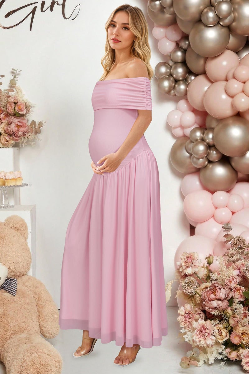 OUGES Women's 2026 Summer Spring Off The Shoulder Mesh Maxi Maternity Baby Shower Dresses for Photoshoot Party Wedding Guest Sleeveless Pleated Formal Long Flowy Pregnancy Must Have Clothes(Pink,M) - Image 3