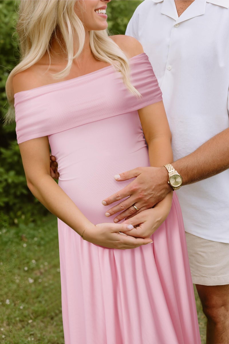 OUGES Women's 2026 Summer Spring Off The Shoulder Mesh Maxi Maternity Baby Shower Dresses for Photoshoot Party Wedding Guest Sleeveless Pleated Formal Long Flowy Pregnancy Must Have Clothes(Pink,M) - Image 5