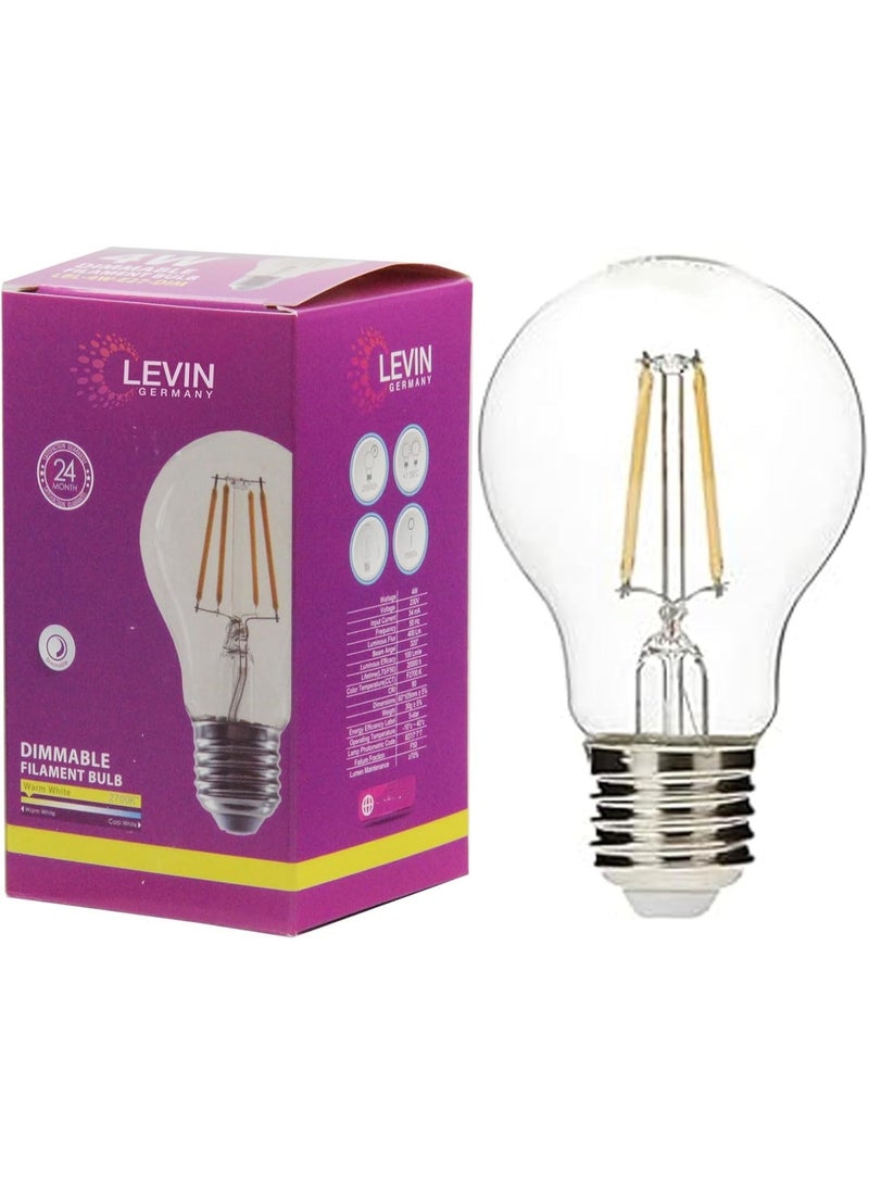 Levin Germany Dimmable Led Filament Bulb 4W E27 2700K Warm White 400 Lumens Vintage Design 100 LM/W Efficiency 20000H Lifetime - Image 1