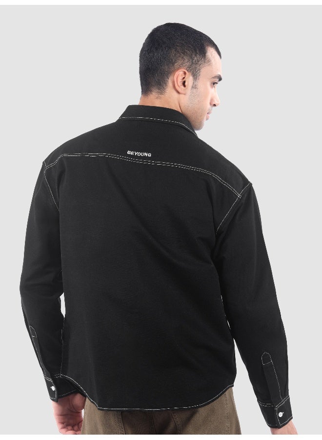 Beyoung Black Dual Pocket Contrast Stitch Shirt - Image 3