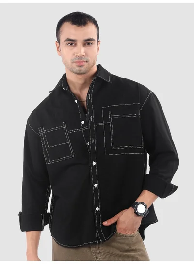 Beyoung Black Dual Pocket Contrast Stitch Shirt