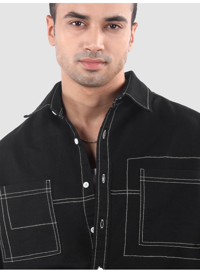 Beyoung Black Dual Pocket Contrast Stitch Shirt - Image 4