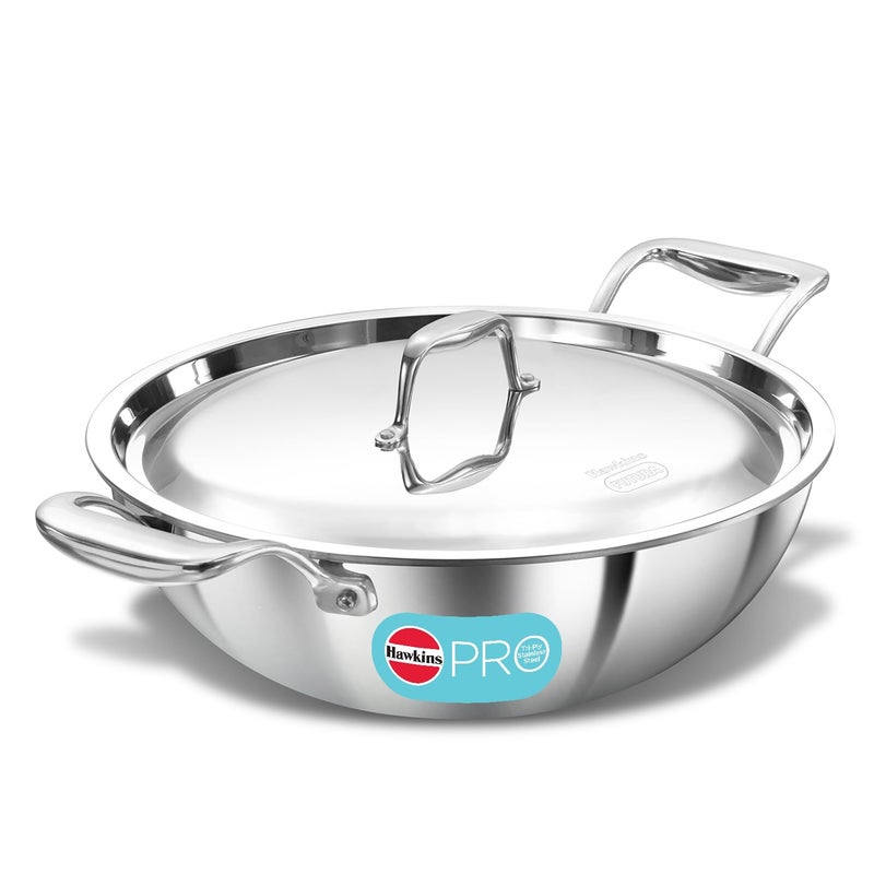 Hawkins Pro 3.5 Litre Deep-Fry Pan, Triply Stainless Steel Kadhai with Stainless Steel Handles and Stainless Steel Lid, Silver (PSK35S) - Image 1