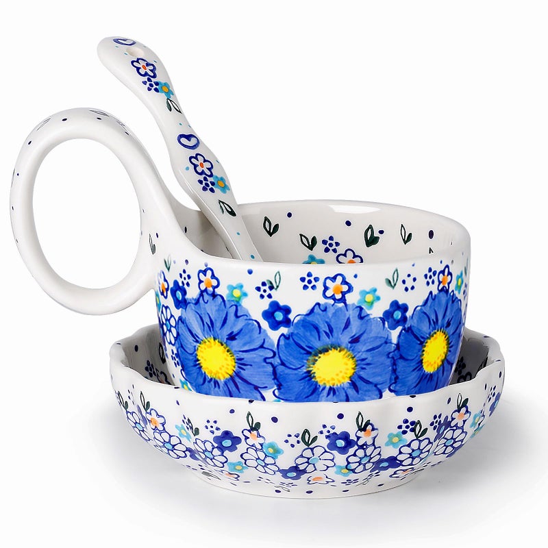 silesia Handmade Loop Handle Soup Bowl, Plate and Spoon Set Ceramic Hand Painted Cereal Bowl Great for Soup, Ice cream, Snack, Stew in Gift Box, Dishwasher & Microwave Safe, Glazed Yellow - Image 1