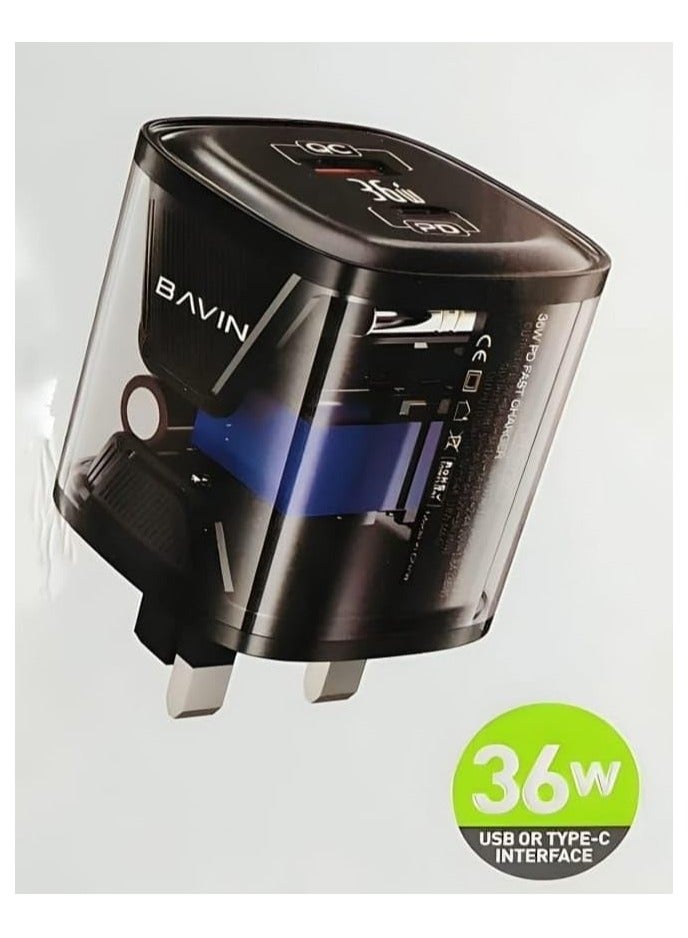 Bavin PC872E Clear Dual Port QC and PD Fast Charging Home Charger 36W Black - Image 2